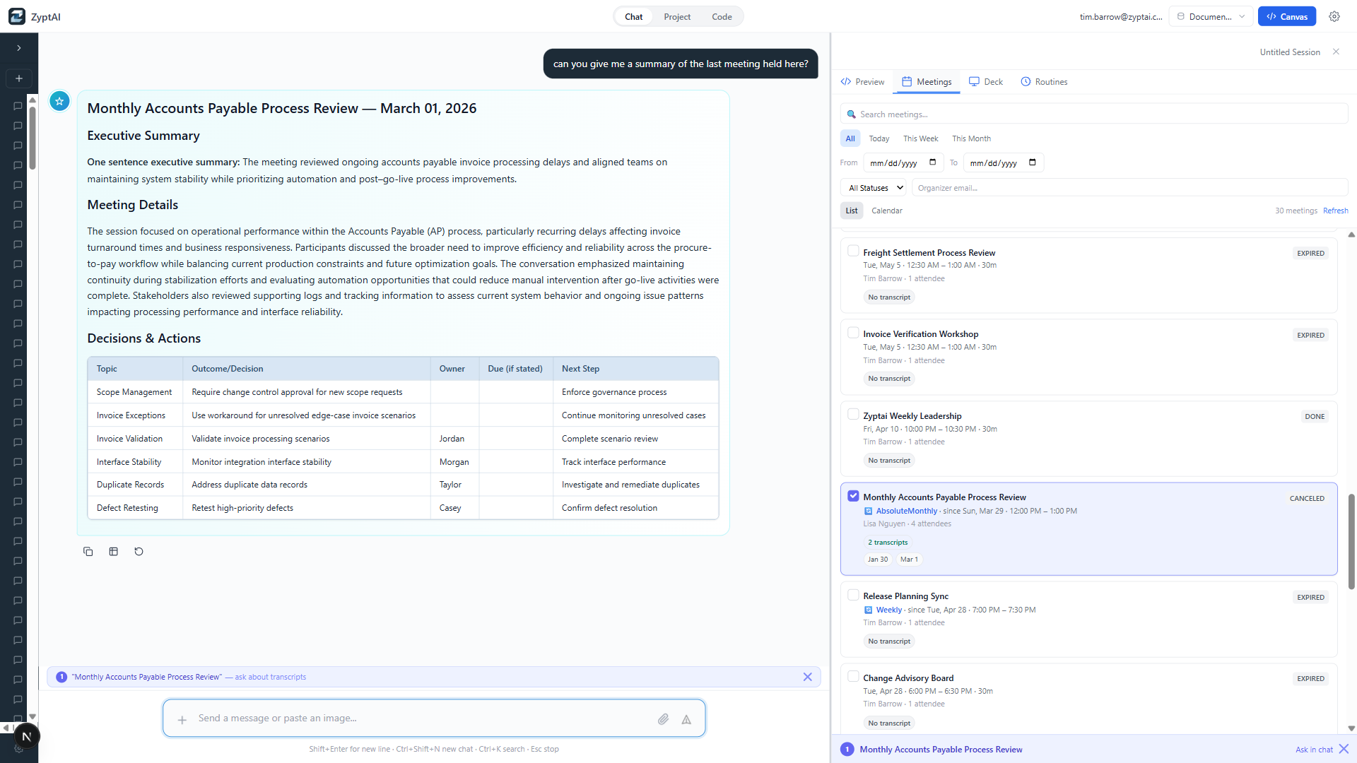 ZyptAI Assist producing a structured meeting summary next to the Meetings panel with captured transcripts
