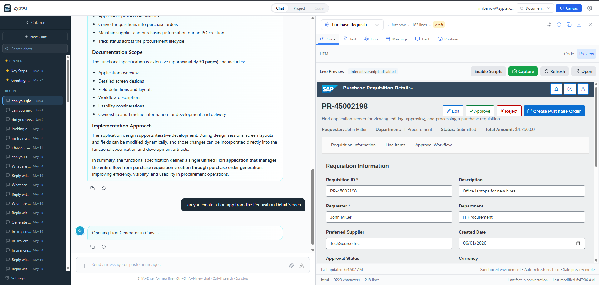 Generated Fiori screen from a requirement